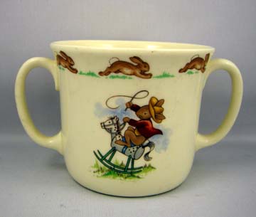 Royal Doulton Bunnykins 34 - Hug A Mug Two Handled - Cowboy On Rocking Horse