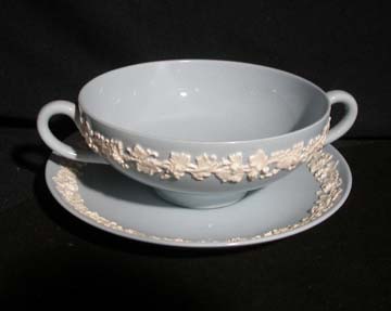 Wedgwood Cream Color On Lavender - Plain Edge Cream Soup & Saucer Set - Footed